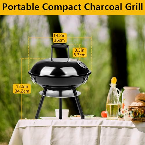 14Inch Portable Outdoor Charcoal Grill, Leonyo Small Tabletop BBQ Charcoal Grill Enamel Coated for Backyard Cooking, Camping, Picnics, Garden, Beach, Black