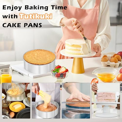 tutikuki 8 Inch Cake Pan - 3PCS Stainless Steel Round Layer Cake Baking Pans with 100 PCS Parchment Paper, Round Bakeware for Party Birthday Wedding, Mirror Finish & Dishwasher Safe