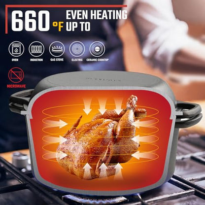 Overmont 2-in-1 Cast Iron Dutch Oven - 7QT Pre-Seasoned All-in-One Casserole Braising Pan with Skillet Lid Cookbook & Silicone Handle Covers - Heavy Duty Oven-Safe Pot for Sourdough Baking Frying Camping