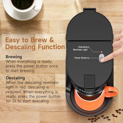 Horavie Small Single Serve Coffee Maker, Fast Brew One Cup Coffee Machine for K Cup and Grounds, 6 to 12 oz. Brew Sizes, Pod Coffee Maker with Descaling Reminder and Viewing Tank, Black
