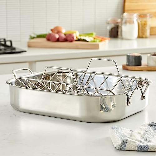 Amazon Basics Stainless Steel Rectangular Roasting Pan with Rack, Turkey Roaster, Dishwasher Safe, Easy to Clean, Oven Safe, 16 in