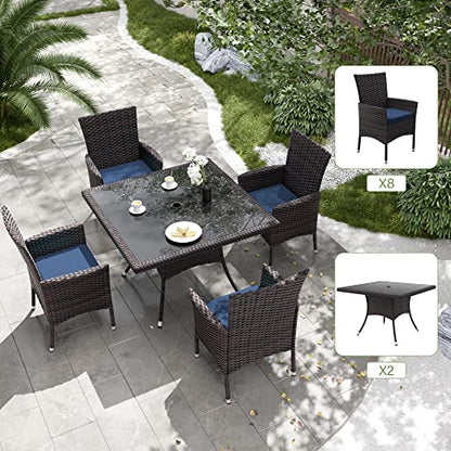 Kurapika 10-Piece Patio Furniture Outdoor Dining Set, Wicker Rattan Patio Dining Table and Chairs Set, Square Tempered Glass Tabletop with Umbrella Hole and 8 Chair Set, for Patio, Backyard, Navy Blue