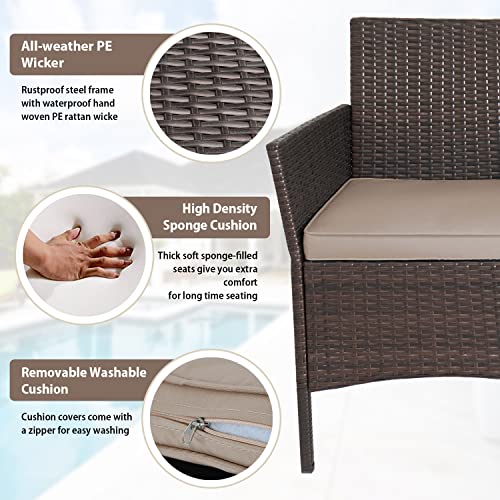3-Piece Outdoor Wicker Conversation Bistro Set Outdoor Patio Porch Furniture Sets for Yard, Garden with 2 PE Rattan Wicker Chairs, 2 Cushions,1 Coffee Table