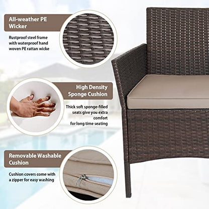 3-Piece Outdoor Wicker Conversation Bistro Set Outdoor Patio Porch Furniture Sets for Yard, Garden with 2 PE Rattan Wicker Chairs, 2 Cushions,1 Coffee Table