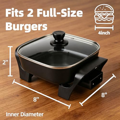 I-Keukenn 8" Electric Skillet with PFAS-Free Non-Stick Ceramic Coating, Removable Electric Frying Pan with Adjustable Temperature, Reversible Design, Tempered Glass Lid, Black
