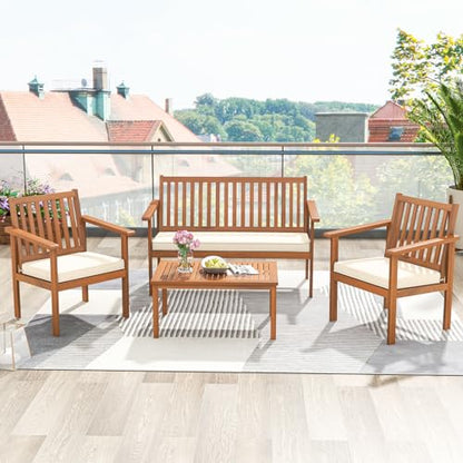 Tangkula 4 Piece Patio Wood Furniture Set, Acacia Wood Sofa Set w/Loveseat, 2 Chairs & Coffee Table, Soft Seat Cushions, Outdoor Wood Furniture Set for Porch, Yard, Balcony (Off White), OneSize