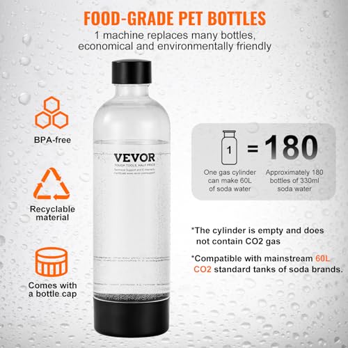 VEVOR Sparkling Water Maker, Soda Maker Machine for Home Carbonating, Seltzer Water Starter Kit with BPA-free 1L PET Bottle, CO2 Cylinder, Compatible with Mainstream Screw-in 60L CO2 Cylinder, black