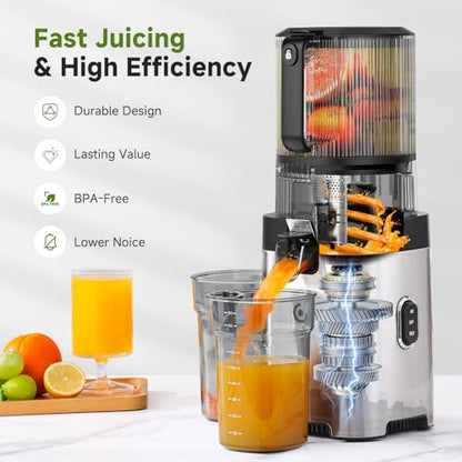 Cold Press Juicer, 6.5" Wide Feed Chute Slow Masticating Juicer Extractor for Whole Fruits & Vegetables, High Juice Yield, Quiet Motor, Easy Clean for Plant-Based Diet