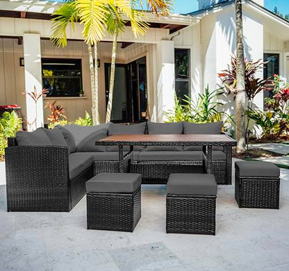 Nestl Outdoor Dining Set - 7 Piece Wicker Patio Set with Outdoor Dining Table, Outdoor Sectional Sofa and 3 Ottomans, Outdoor Patio Furniture Table and Chairs Set (Grey/Grey)