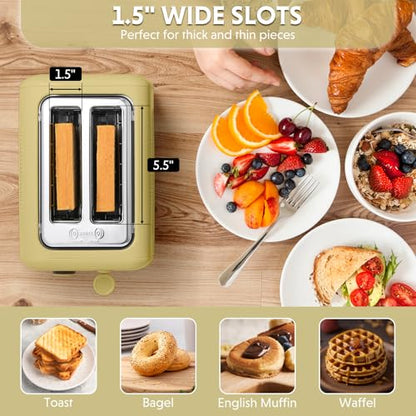 BUYDEEM DT620 2-Slice Toaster, 7 Shade Settings, Extra Wide 1.5'' Slots for Bagel & English Muffin, 6 Toasting Functions, Retro Stainless Steel Toaster with High Lift Lever, Mellow Yellow