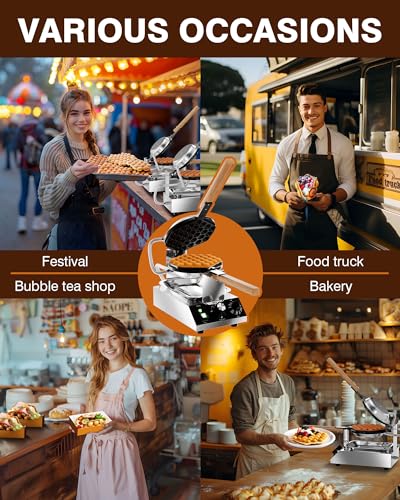 PYY Bubble Waffle Maker - Commercial Egg Puff Waffle Iron Machine, 180° Rotating, Non-stick Coating, 1500W Hong Kong Electric Stainless Steel, 122-482℉, 30 Egg Cones