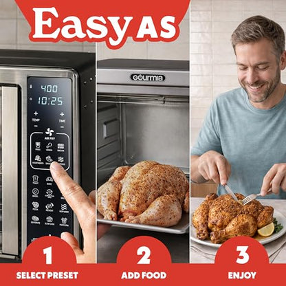 Gourmia Air Fryer French Door Toaster Oven - 6-Slice Capacity, LED Display with 19 Cooking Presets, Stainless Steel