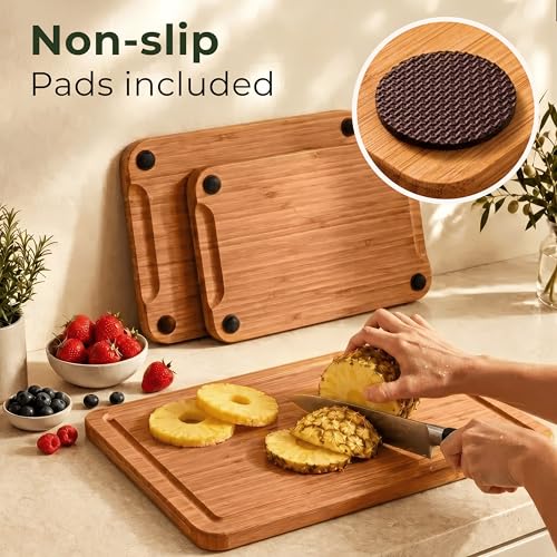 Wooden Cutting Board Set of 3 - Thick & Durable Bamboo Wood Cutting Boards for Kitchen - with Deep Juice Grooves & Built-In Handles - Large Surface, Easy to Clean - for Meat, Vegetables and Fruits