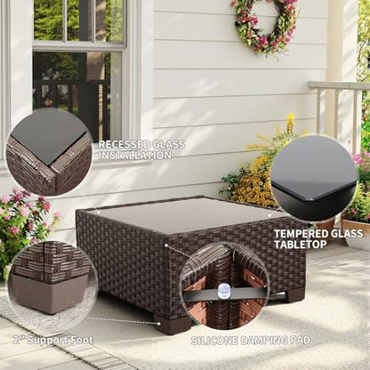 Rattaner 9 Pieces Outdoor Sectional All-Weather HDPE Brown Wicker Patio Furniture Set Patio Sectional and Glass Patio Table Non-Slip Cushions and Waterproof Covers, Navy Blue