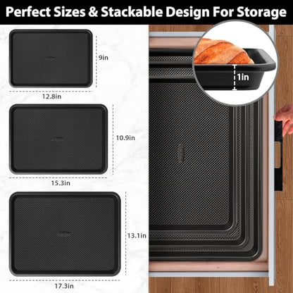 Nonstick Cookie Sheets for Baking with Cooling Rack Set of 4, 0.8mm Thick Heavy Duty Baking Sheets for Oven, Half/Quarter/Jelly Roll Pans Oven Trays, Baking Pan Set with Diamond Texture