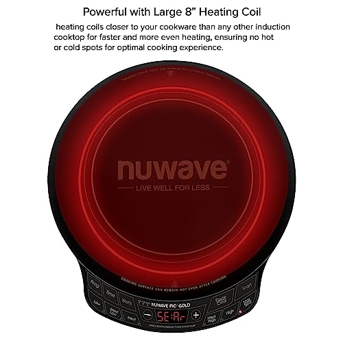 Nuwave Precision Induction Cooktop Gold, 12” Shatter-Resistant Ceramic Glass Surface, Large 8” Heating Coil, Portable, 96 Temp Settings 100°F to 575°F, 3 Wattage Settings 700, 900, and 1500 Watts