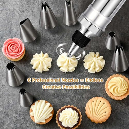 Dualshine Dessert Decorating Syringe Set, Frosting Piping Kit, Stainless Steels Icing Piping Kit, Cake Decorating Tools 6 Russian Piping Icing Nozzles Cupcake Piping Kit Christmas Baking Gifts