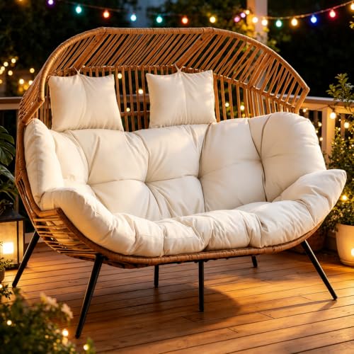 JAMFLY Double Egg Chair Wicker Outdoor Chairs, 2 Person Oversized Patio Loveseat Lounge Chair with Cushion, Indoor Living Room Bedroom Outside Patio Backyard Balcony Leisure Chair, Creamy White