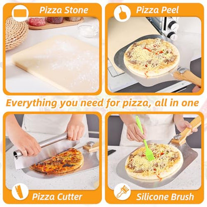 GOFOWRK Pizza Stone 5 PCS Set, 15 x 12" Large Rectangle Pizza Stone Set for Oven and Grill with Metal Pizza Peels & Cutter Rocker, 0.6'' Thickened Stone Pizza Pan, Baking Stone for Pizza, Bread