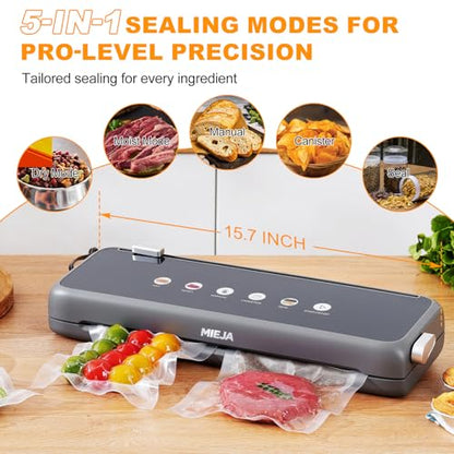 Mieja Food Vacuum Sealer Machine, 5-in-1 Dry & Moist Modes Automatic One-Touch Sealer with Built-in Cutter, External Hose for Jars, 20 BPA-Free Bags, Compact for Sous Vide, Meal Prep & Freezer Storage