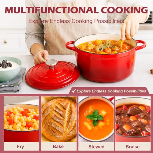 Hisencn Enameled Cast Iron Cookware Set - 2 PC Set of 5.5QT Dutch Ovens, 2QT Sauce Pan, Dutch Oven Set, Ceramic Coated Cast Iron, Heavy Duty, Gas/Induction Compatible,Red