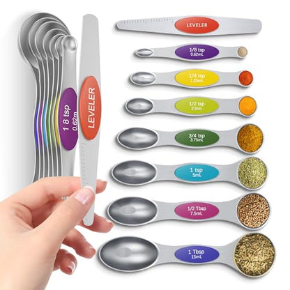 Premium Magnetic Measuring Spoons Set|Strong N52 Magnets|Heavy Duty Stainless Steel|Dual-Sided for Spice Jar & Liquid Measuring|Dishwasher Safe|7 Spoons with Leveler for Baking & Cooking (Colorful)