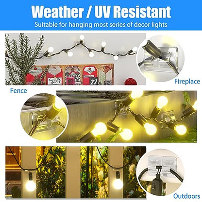 Keviyi Hooks for Outdoor String Lights Clips: 26Pcs Double Hooks for Hanging - Heavy Duty Clear Cable Clips with Waterproof Adhesive Strips - Outside Sticky Hooks Non-Slip No Drill