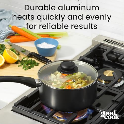 GoodCook Everyday Sauce Pan with Lid Ceramic Nonstick Aluminum Construction for Even Heating Non-Toxic PTFE & PFOA Free, 3-Quarts, Black