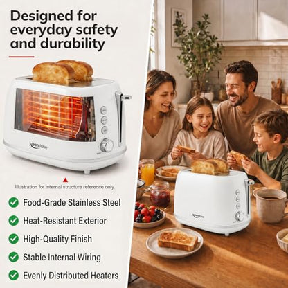 Keenstone 2 Slice Toaster, Retro Stainless Steel Kitchen Essentials, White