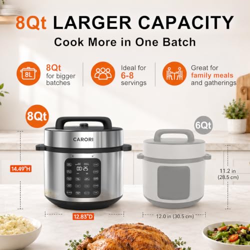 CARORI 8Qt Electric Pressure Cooker, 9-in-1 Multifunction, IMD Touchscreen, Non-Stick Pot. 1200W for Instant Feast. Olla de Presion (Ollas). Safe Venting.Rice,Slow,Steamer, Sauté, Warmer, Silver