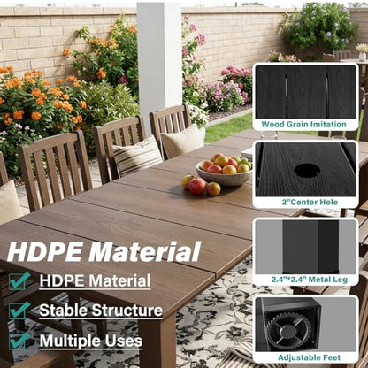 Tioline 11-Piece Patio Dining Set, Outdoor Dining Set for 10, HDPE All-Weather Outdoor Furniture with 89.57” Umbrella Hole Table, 2 Armchairs & 8 Armless Chairs, Brown