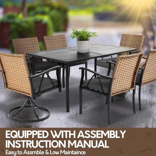 Andehomy 7-Piece Patio Dining Set for 6, Outdoor Dining Set with Wicker Swivel Patio Dining Chairs with Cushions & Black Rectangular Woodgrain Dining Table with 1.75”Umbrella Hole, Black & Brown