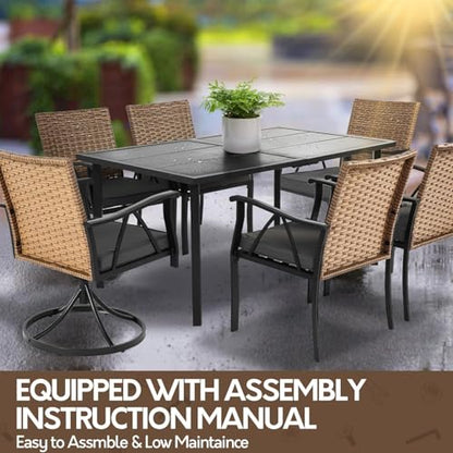 Andehomy 7-Piece Patio Dining Set for 6, Outdoor Dining Set with Wicker Swivel Patio Dining Chairs with Cushions & Black Rectangular Woodgrain Dining Table with 1.75”Umbrella Hole, Black & Brown