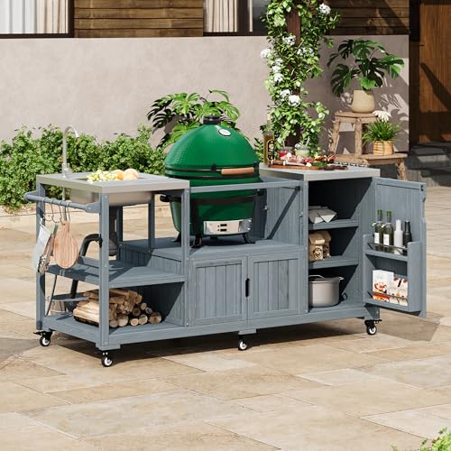 Oevsld 75.4" Outdoor Kitchen Island with Sink,Solid Wood Grill Cart for XL Big Green Egg,Rolling Outdoor Prep Station with Stainless Steel Top and Storage Cabinet. (Grey+Blue)