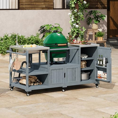 Oevsld 75.4" Outdoor Kitchen Island with Sink,Solid Wood Grill Cart for XL Big Green Egg,Rolling Outdoor Prep Station with Stainless Steel Top and Storage Cabinet. (Grey+Blue)