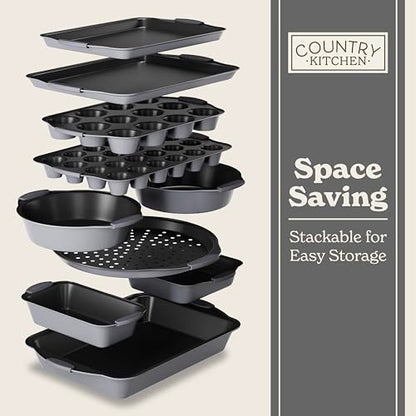 Country Kitchen Nonstick Stackable Bakeware Set - Heavy Duty, Durable, Easy Release Baking Set, Grey, 10 Pcs