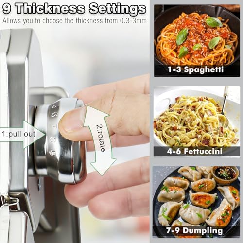 AIMEIKI Manual Pasta Maker Machine, Stainless Steel Pasta Maker with 9 Adjustable Thickness Settings 2 in 1 Noodle Maker with Rollers and Cutter, Perfect for Spaghetti, Fettuccini, Lasagna & More