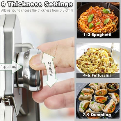 AIMEIKI Manual Pasta Maker Machine, Stainless Steel Pasta Maker with 9 Adjustable Thickness Settings 2 in 1 Noodle Maker with Rollers and Cutter, Perfect for Spaghetti, Fettuccini, Lasagna & More