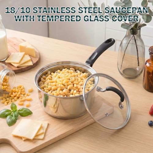 Cook N Home Professional Stainless Steel Saucepan with Lid, Multipurpose Sauce Pan Kitchen Small Pot, Stay-Cool Silicone Handle, Dishwasher Safe, Compatible with Most Cooktops, 1-Quart