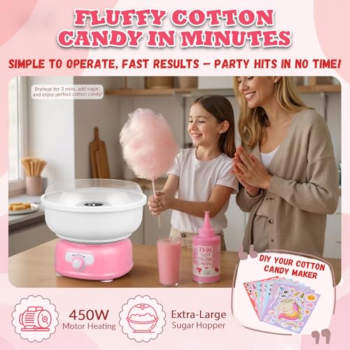 Cotton Candy Machine, Cotto Candy Maker for Kids with Cartoon DIY Stickers, 6 Paper Cones & Sugar Scoop, Homemade Candy Machine for Birthday, Party Gatherings,Christmas Halloween Gift, Pink (M.20)