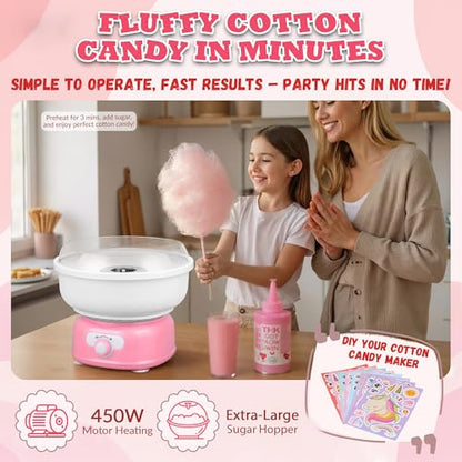 Cotton Candy Machine, Cotto Candy Maker for Kids with Cartoon DIY Stickers, 6 Paper Cones & Sugar Scoop, Homemade Candy Machine for Birthday, Party Gatherings,Christmas Halloween Gift, Pink (M.20)