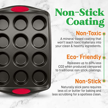 NutriChef 6-Piece Baking Pan Set - Carbon Steel Stackable Bakeware with Red Silicone Handles & Nonstick Coating, Includes Cookie Sheets, Roaster Pan with Lid, Loaf Pan, and 12 Cup Muffin Pan (Black)