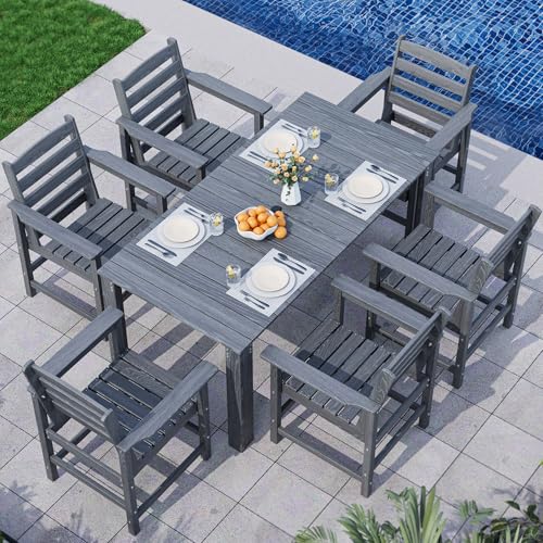 PamapicLife Outdoor HDPE Dining Table Set, 7-Piece Outdoor Dining Table Sets, Wood Grain Patio Furniture Sets with Umbrella Hole for Porch, Backyard, Gray