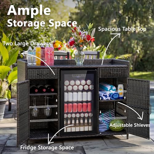 LUMISOL Outdoor Wicker Storage Cabinet with Fridge Space, Patio Bar Table with Adjustable Shelves & Drawers, Outdoor Mini Fridge Bar Cabinet for Pool Garden Kitchen, Black+Brown