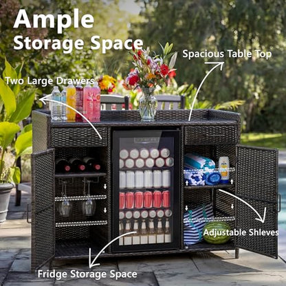 LUMISOL Outdoor Wicker Storage Cabinet with Fridge Space, Patio Bar Table with Adjustable Shelves & Drawers, Outdoor Mini Fridge Bar Cabinet for Pool Garden Kitchen, Black+Brown