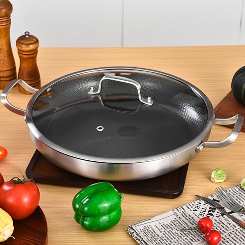 Inqibee 14-Inch Hybrid Tri-Ply Stainless Steel Paella Pan with Lid, Ceramic Non Stick Large Skillet, Induction Cooking Pan, Anti-Scratch, Dishwasher and Oven Safe