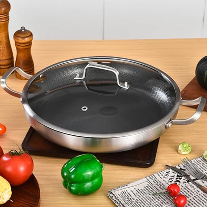 Inqibee 14-Inch Hybrid Tri-Ply Stainless Steel Paella Pan with Lid, Ceramic Non Stick Large Skillet, Induction Cooking Pan, Anti-Scratch, Dishwasher and Oven Safe