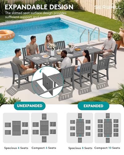 SERWALL 9-Piece Outdoor Dining Set, 60" - 83" Expandable Outdoor Dining Table and 8 HDPE Chairs, All Weather HDPE Outdoor Furniture Set for Backyard, Garden, Grey