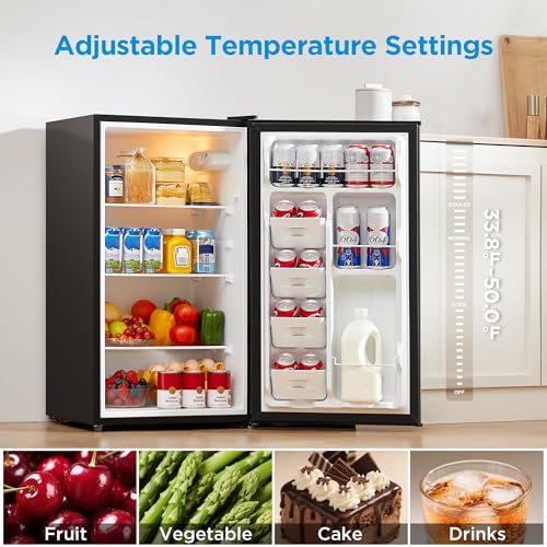 Midea MERM33S1AST Mini Fridge, 3.3 Cu.ft Compact Fridge with Internal Light, Adjustable Thermostat, Reversible Door, Low Noise for Dorm, Office, Bedroom, Stainless Steel