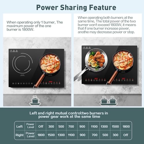Induction Cooktop with 2 Burners, Horizontal Electric Stove, Built-In Induction Cooker, 1800W Sensor Touch Electric Cooktop, 9 Power Levels, Timer, Safety Lock, 120V, 20 Inch